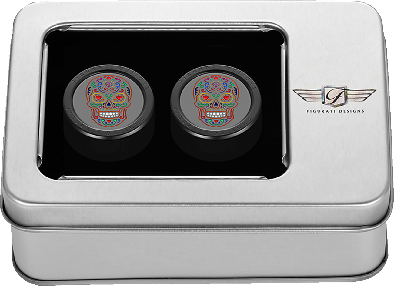 Figurati Designs Black Sugar Skull 1" x 1.25" Docking Hardware Covers for Harley