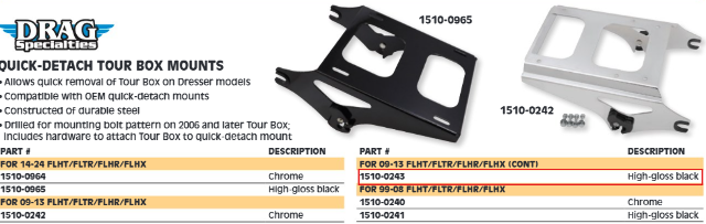 Drag Specialties Black Quick Detach Tour Box Mount 2009-2013 Harley Touring FLTR