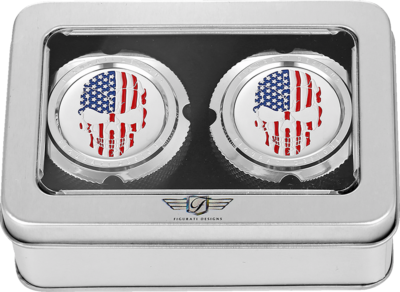 Figurati Designs Skull Flag Front Axle Nut Chrome Covers for 2002-2022 Harley
