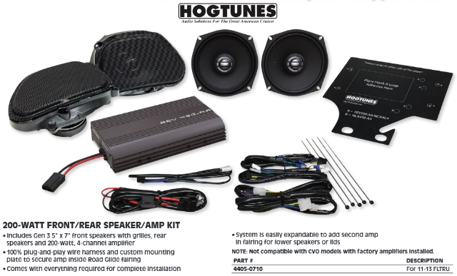 Hogtunes Front & Rear Speaker 200W Amp Kit 2011-2013 Harley Road Glide FLTRX