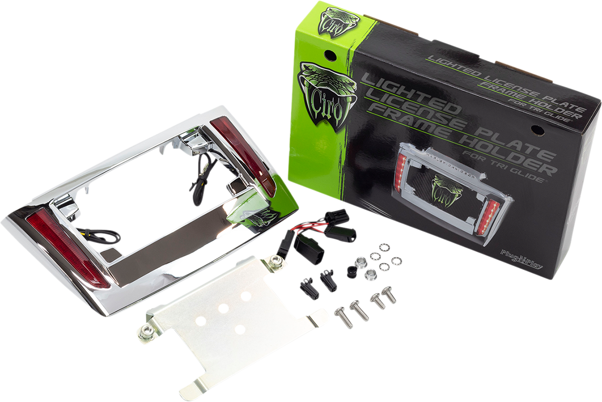 Ciro Chrome Motorcycle LED License Plate Frame 2009-2024 Harley Trike Tri Glide