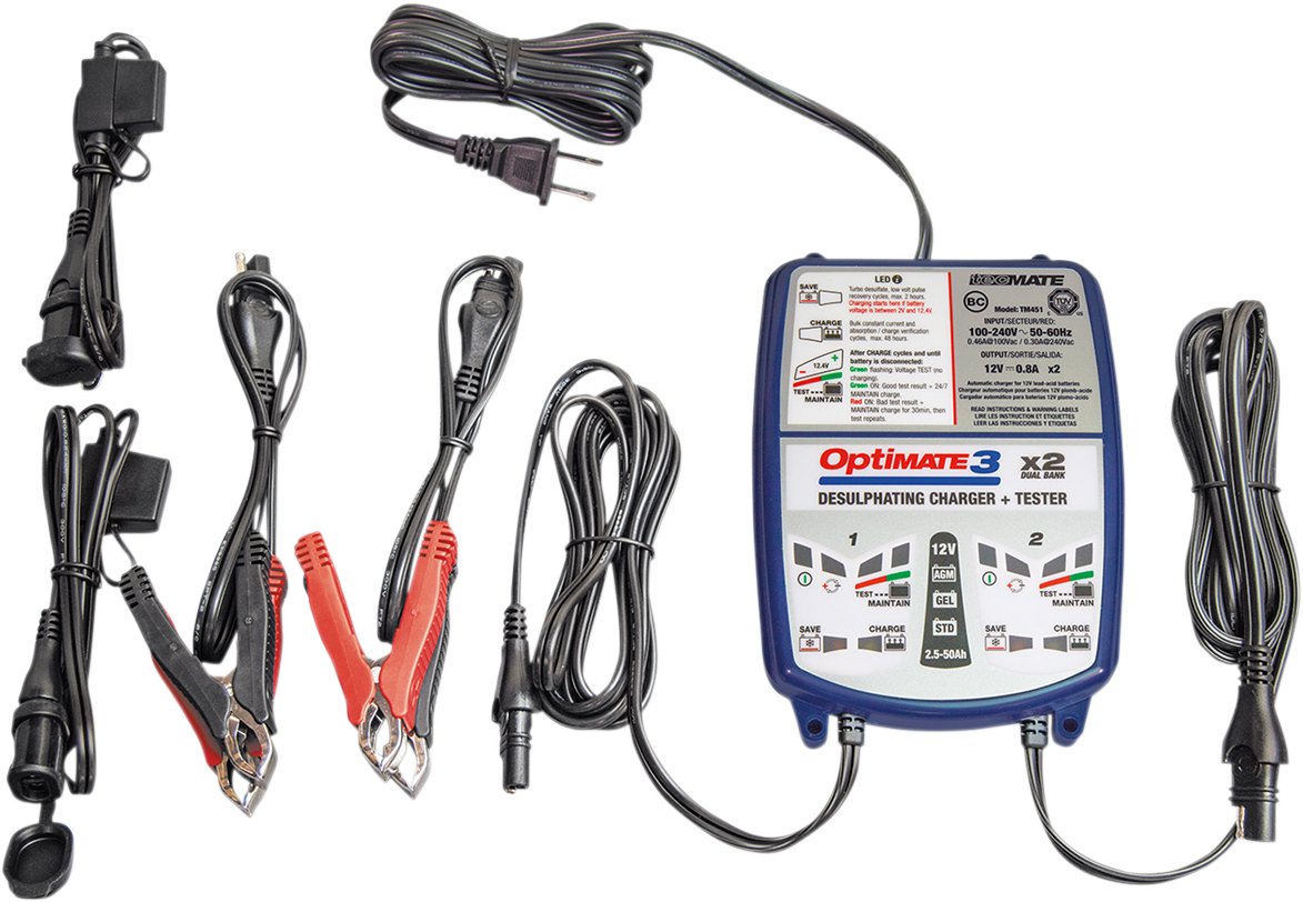 Tecmate TM-451 Optimate 3 Blue White Universal Motorcycle Dual Battery Charger