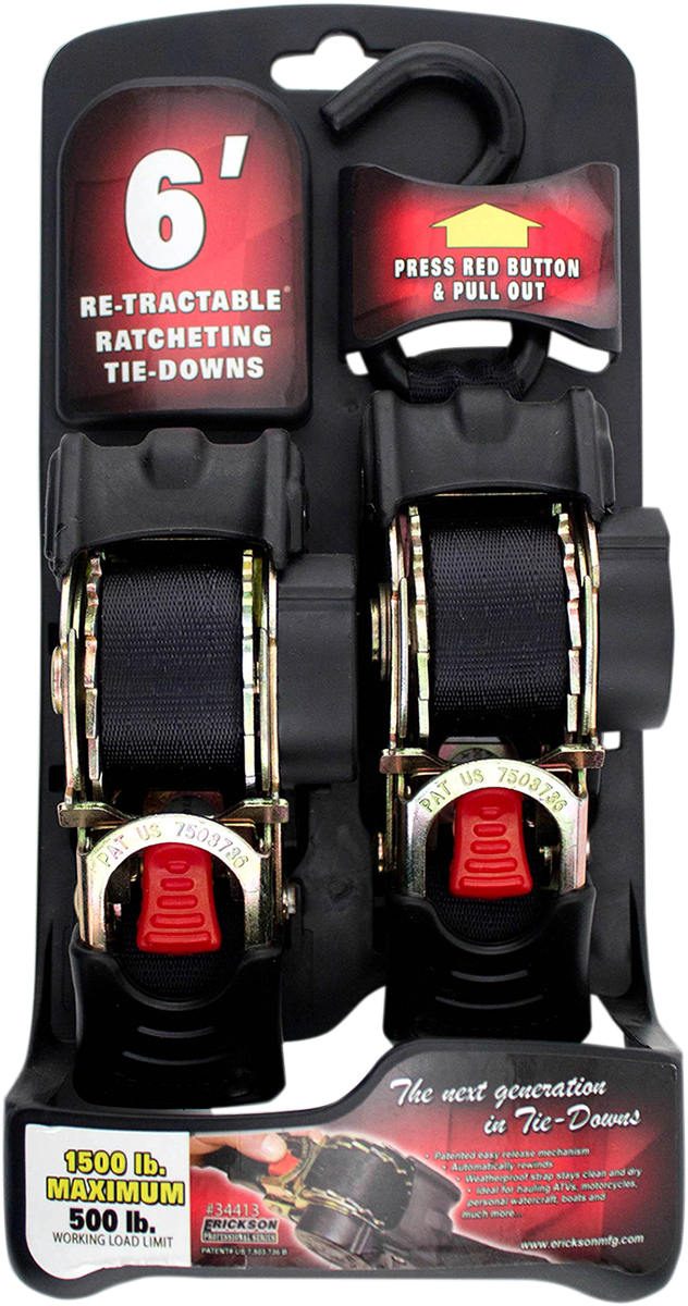 Erickson 6' Retractable S-Hook Ratchet Tie Downs Motorcycle ATV Snow Street UTV