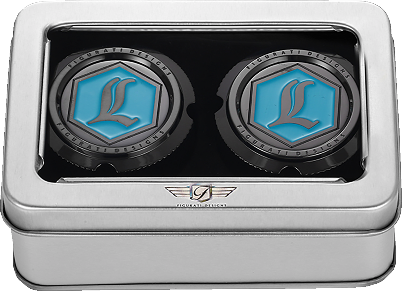 Figurati Designs Legend Logo Black Front Axle Nut Covers for 2002-2022 Harley