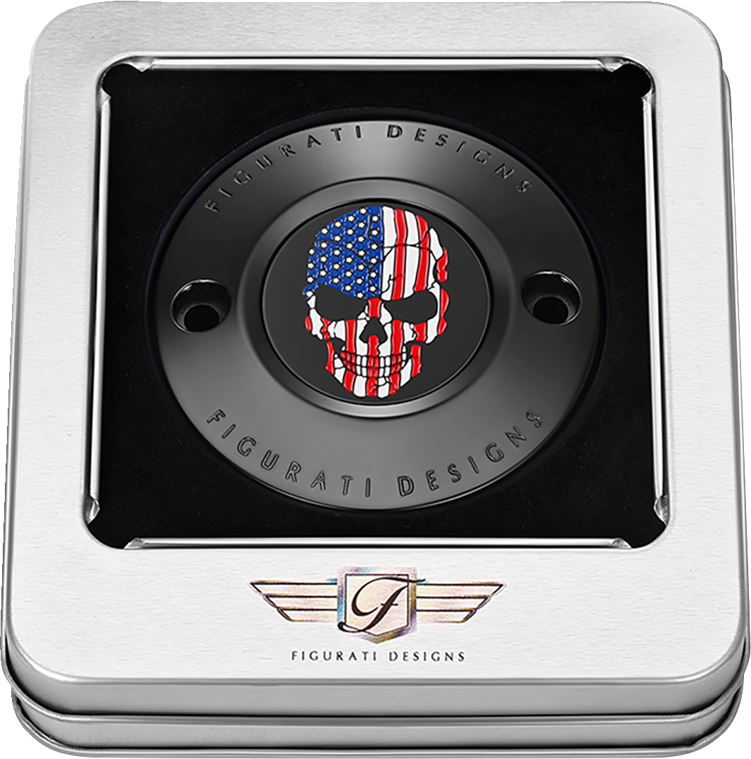 Figurati Designs Skull American Flag Black Timing Cover for 2017-2023 Harley M8