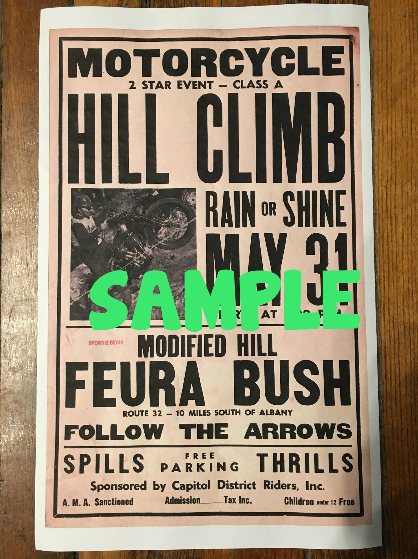 Vintage 1940's copy Indian Motorcycle hill climb Feura Bush Ny poster 14 x 22