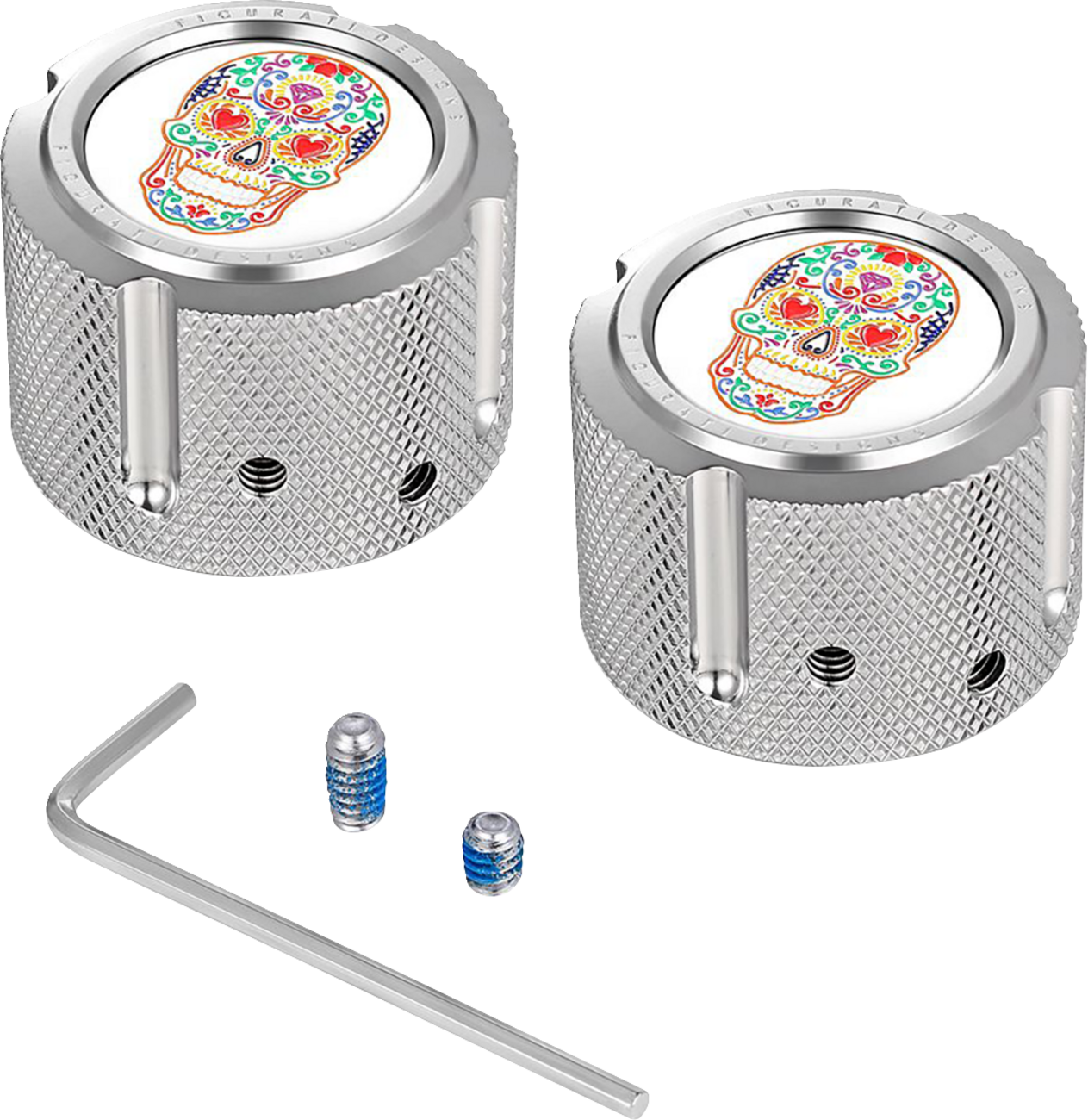 Figurati Designs Silver Sugar Skull Front Axle Nut Covers for 2002-2022 Harley