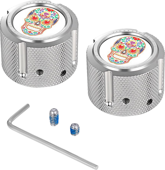Figurati Designs Silver Sugar Skull Front Axle Nut Covers for 2002-2022 Harley