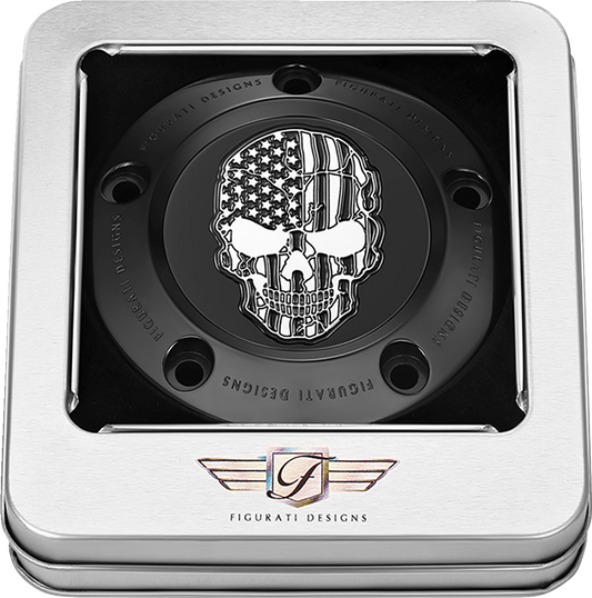 Figurati Designs Skull B&W American Flag Black Timing Cover for 1999-2017 Harley