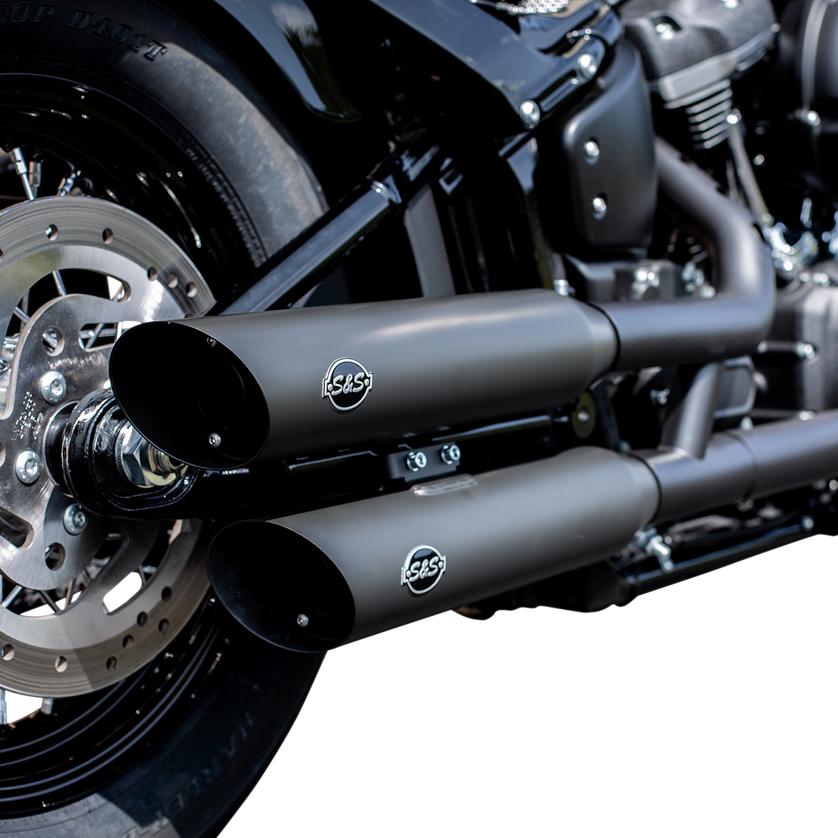 S&S Black Race Dual Slash Cut Slip on Exhaust Mufflers for 18-22 Harley Softail