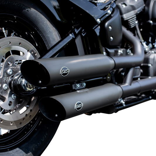 S&S Black Race Dual Slash Cut Slip on Exhaust Mufflers for 18-22 Harley Softail