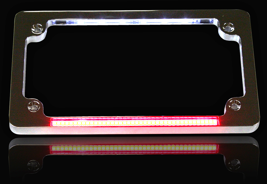 Custom Dynamics Red Brake Light LED Chrome Motorcycle License Plate Frame Harley