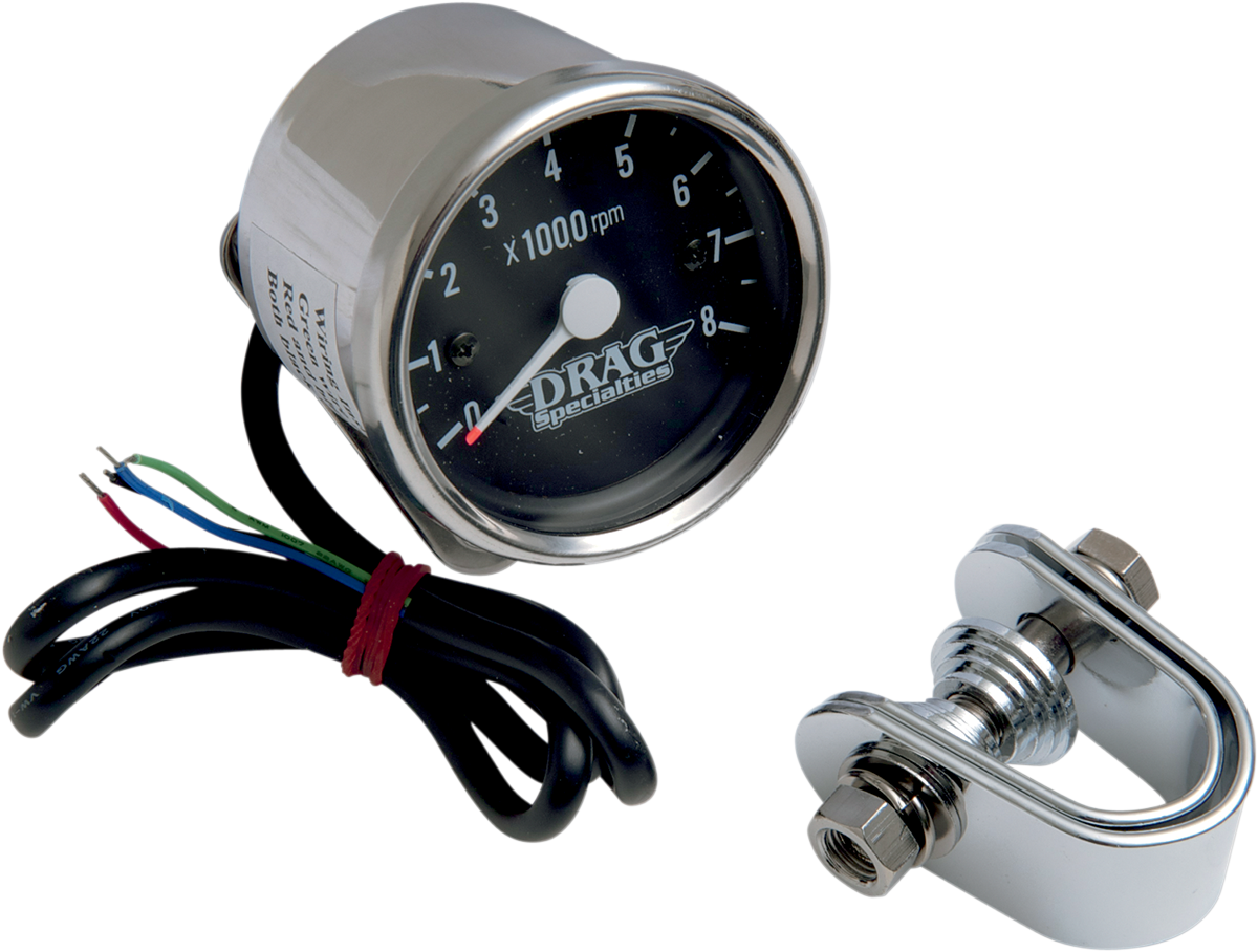 Drag Specialties 8000 RPM Chrome Electronic Tachometer Tach Black Face Harley