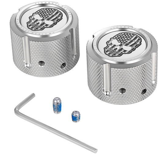 Figurati Designs Skull Flag Front Axle Nut Chrome Covers for 2002-2022 Harley