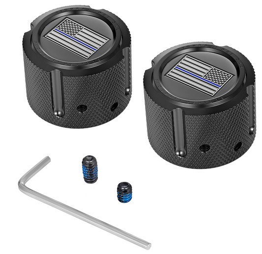 Figurati Designs Front Blue Line Flag Axle Nut Black Covers for 2002-2022 Harley