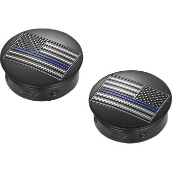 Figurati Designs Blue Line Flag Black Swingarm Covers for 1980-2025 Harley