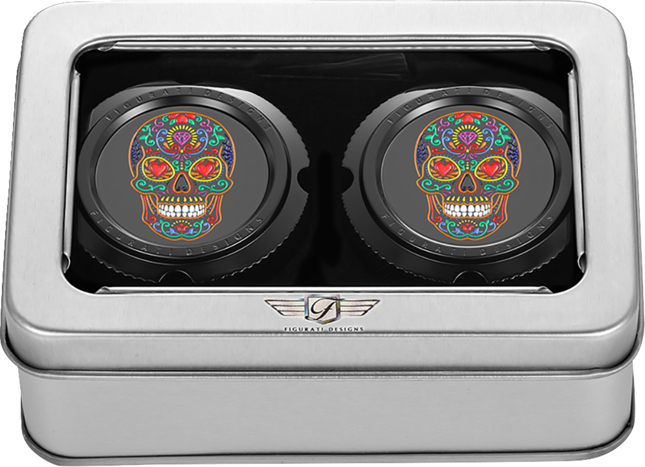 Figurati Designs Sugar Skull Black Front Axle Nut Covers for 2002-2022 Harley