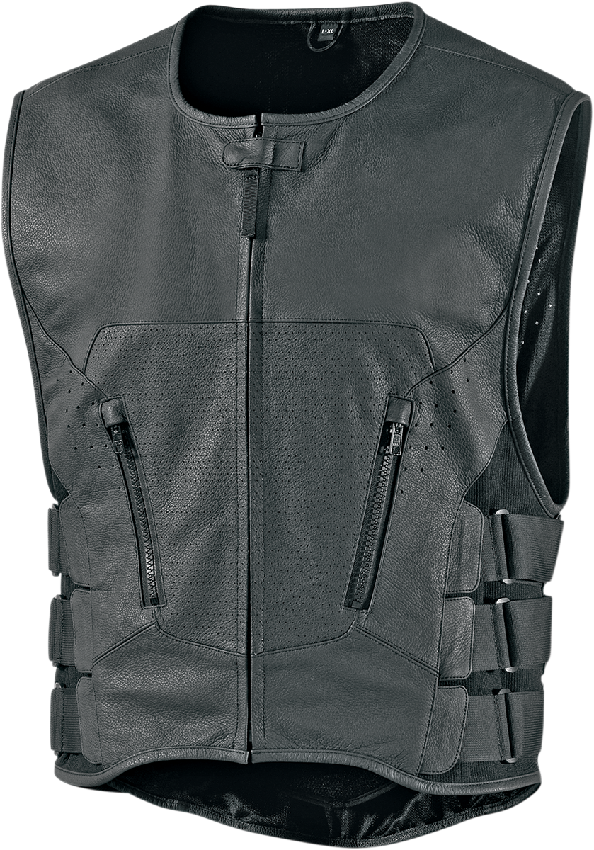 Icon Mens Black Leather Regulator Stripped Motorcycle Riding Armored Club Vest