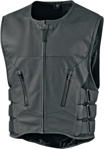 Icon Mens Black Leather Regulator Stripped Motorcycle Riding Armored Club Vest