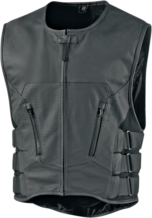 Icon Mens Black Leather Regulator Stripped Motorcycle Riding Armored Club Vest