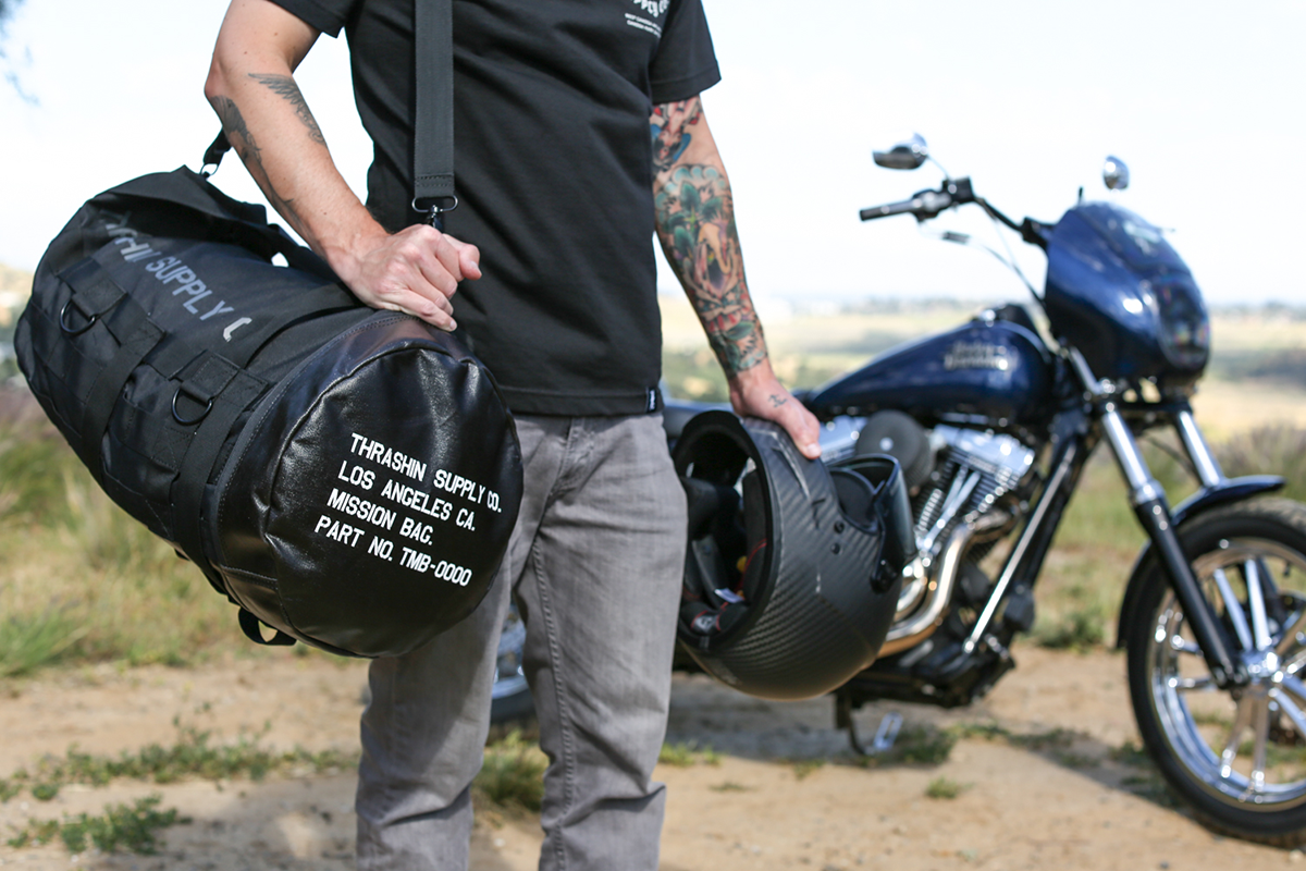Thrashin Black Zipper Mission Sissybar Molle Webbing Duffle Bag for Harley