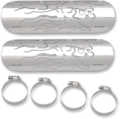 Drag Specialties 10" Chrome Flame Skull Exhaust Heat Shields for Harley Davidson