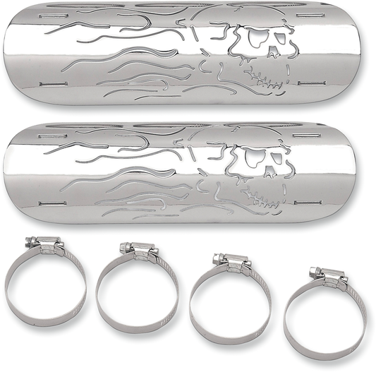 Drag Specialties 10" Chrome Flame Skull Exhaust Heat Shields for Harley Davidson
