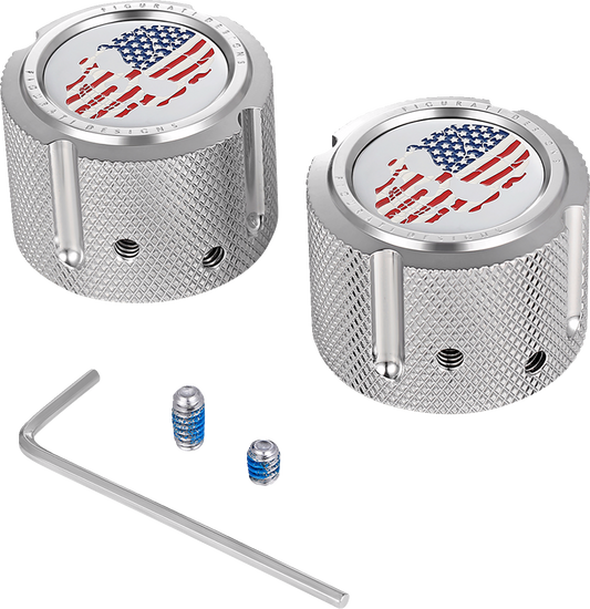 Figurati Designs Skull Flag Front Axle Nut Chrome Covers for 2002-2022 Harley