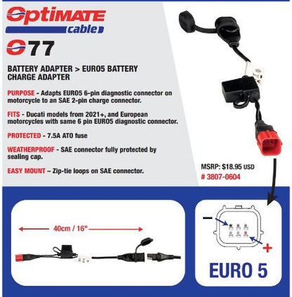 Tecmate Optimate Euro5 European 6 Pin Motorcycle Battery Charger Cord Adapter