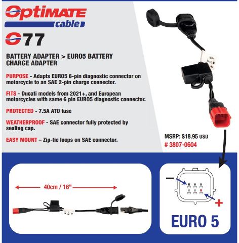 Tecmate Optimate Euro5 European 6 Pin Motorcycle Battery Charger Cord Adapter