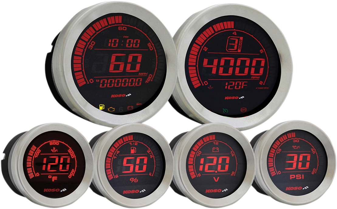 Koso Silver Red 6 Piece Fairing Gauge Set 04-13 Harley Touring FLHT FLHX FLTRU