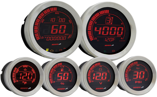 Koso Silver Red 6 Piece Fairing Gauge Set 04-13 Harley Touring FLHT FLHX FLTRU