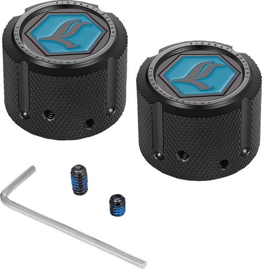Figurati Designs Legend Logo Black Front Axle Nut Covers for 2002-2022 Harley