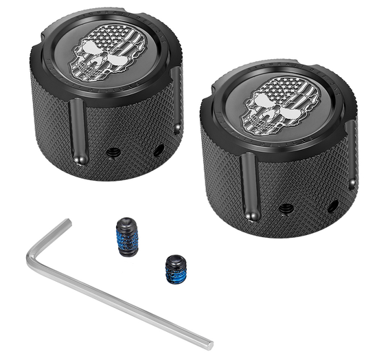 Figurati Designs Skull Flag Front Axle Nut Black Covers for 2002-2022 Harley