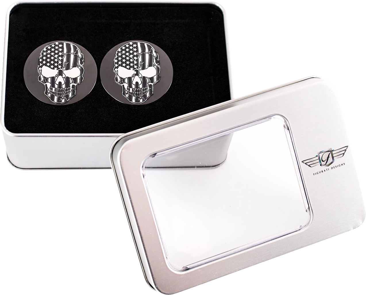 Figurati Designs B&W Skull USA Flag Swingarm Covers for 1980-2025 Harley