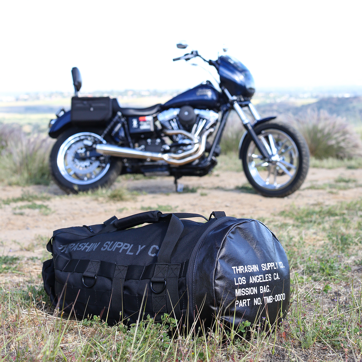 Thrashin Black Zipper Mission Sissybar Molle Webbing Duffle Bag for Harley