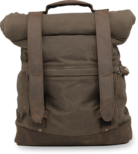 Burly Brand Dark Oak Waxed Cotton Canvas Leather Universal Roll Top Back Pack