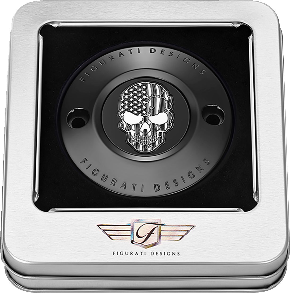 Figurati Designs Skull American Flag Black Timing Cover for 2017-2023 Harley M8