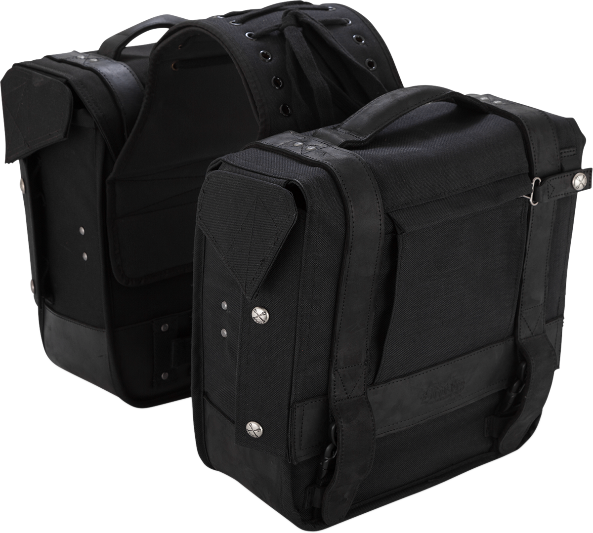 Burly Brand Black Leather Cordura Throw-Over Saddlebags for Harley Davidson