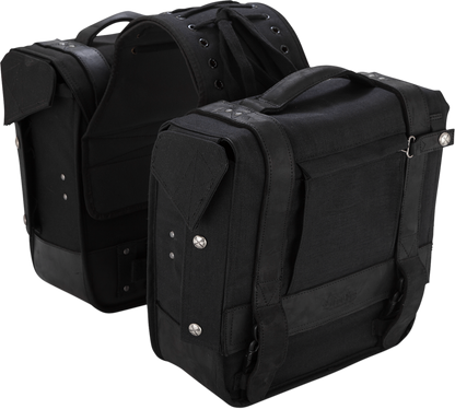 Burly Brand Black Leather Cordura Throw-Over Saddlebags for Harley Davidson