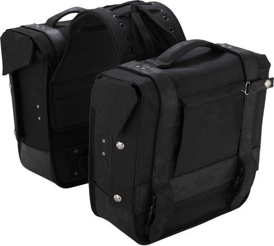 Burly Brand Black Leather Cordura Throw-Over Saddlebags for Harley Davidson