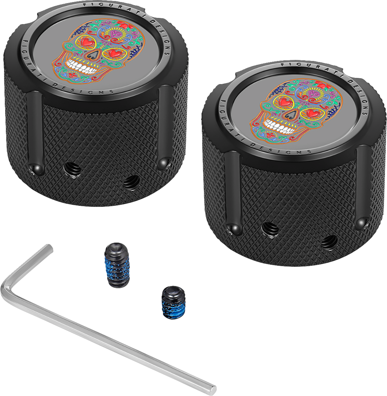 Figurati Designs Sugar Skull Black Front Axle Nut Covers for 2002-2022 Harley