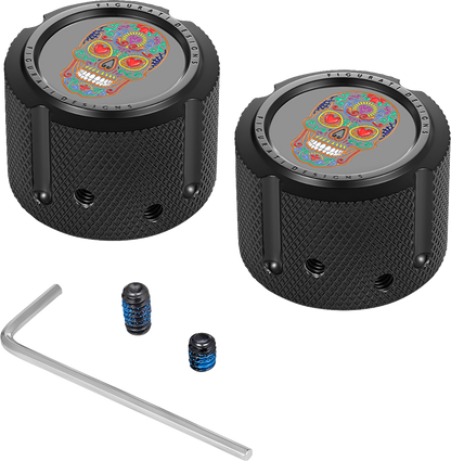 Figurati Designs Sugar Skull Black Front Axle Nut Covers for 2002-2022 Harley