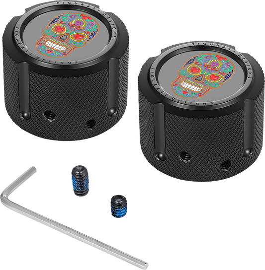 Figurati Designs Sugar Skull Black Front Axle Nut Covers for 2002-2022 Harley