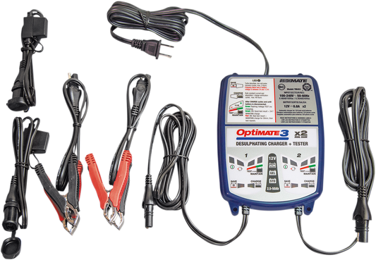 Tecmate TM-451 Optimate 3  Blue White Universal Motorcycle Dual Battery Charger
