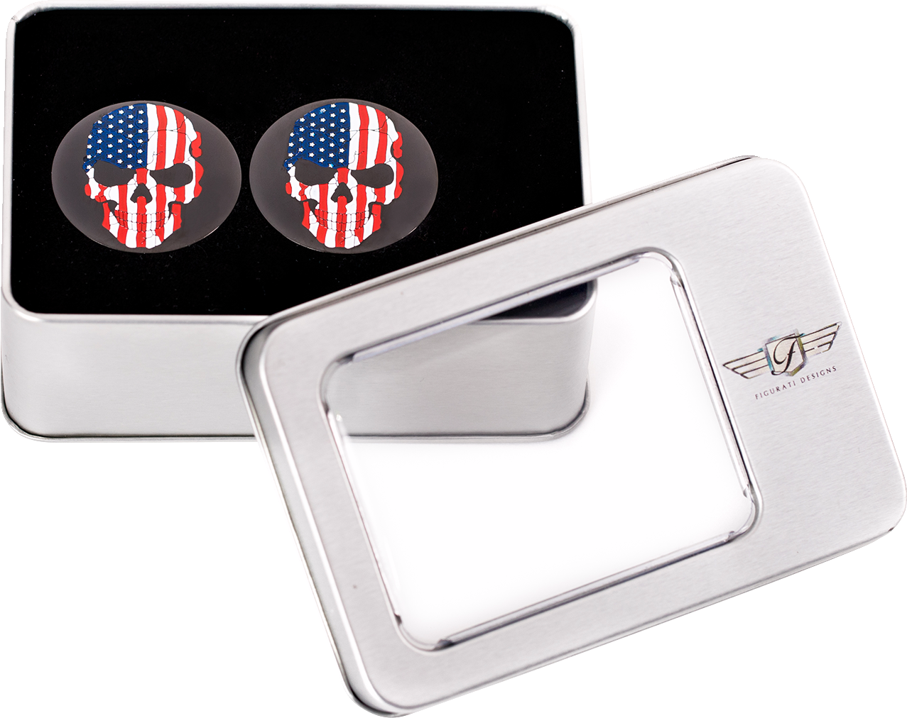 Figurati Designs Skull USA Flag Black Swingarm Covers for 1980-2025 Harley