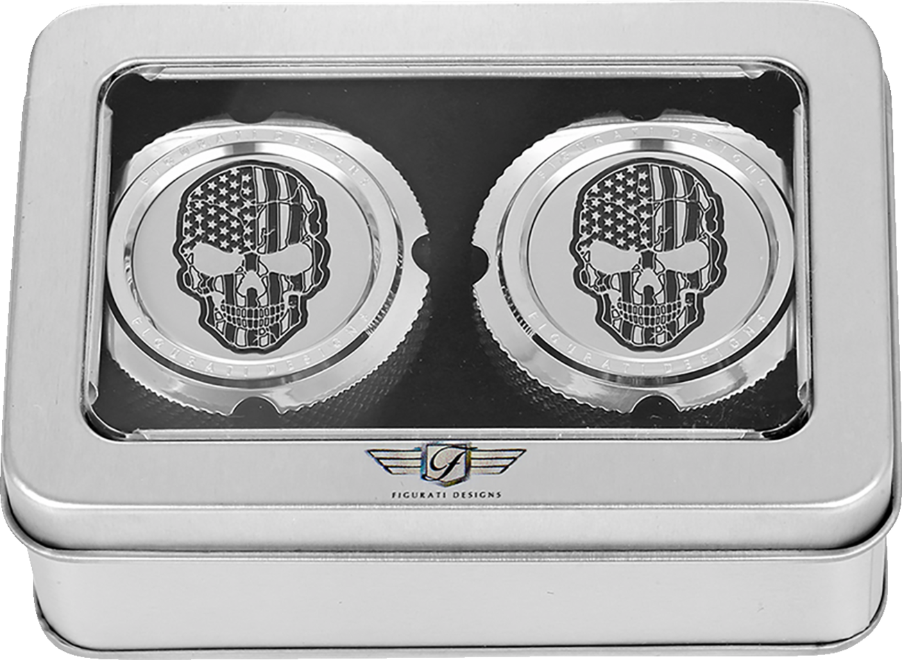 Figurati Designs Skull Flag Front Axle Nut Chrome Covers for 2002-2022 Harley
