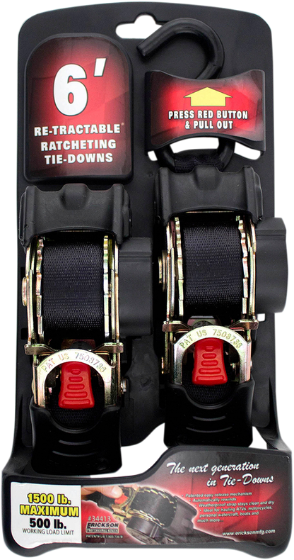 Erickson 6' Retractable S-Hook Ratchet Tie Downs Motorcycle ATV Snow Street UTV