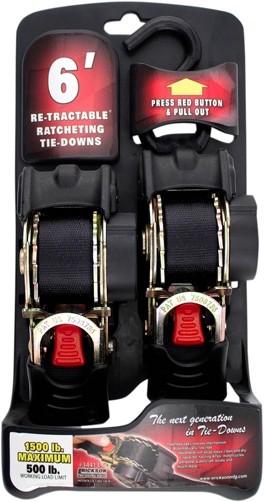 Erickson 6' Retractable S-Hook Ratchet Tie Downs Motorcycle ATV Snow Street UTV