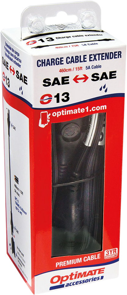 Tecmate Black 15' SAE Plug Universal Battery Pigtail Charger Extension Cable